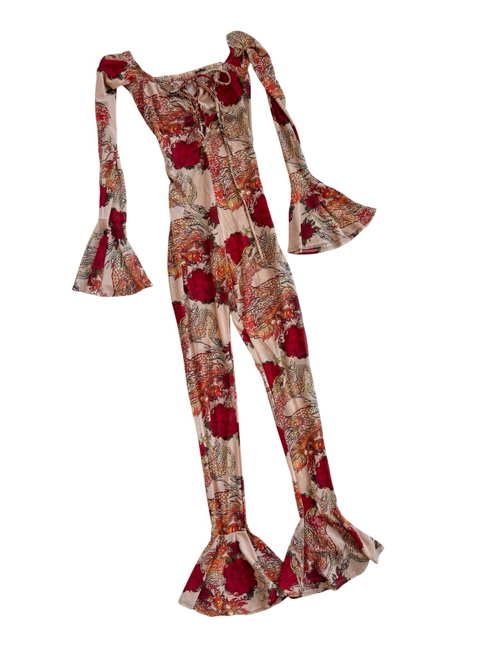 Boho Floral Dragon Bell-Sleeve Jumpsuit in Red and Cream